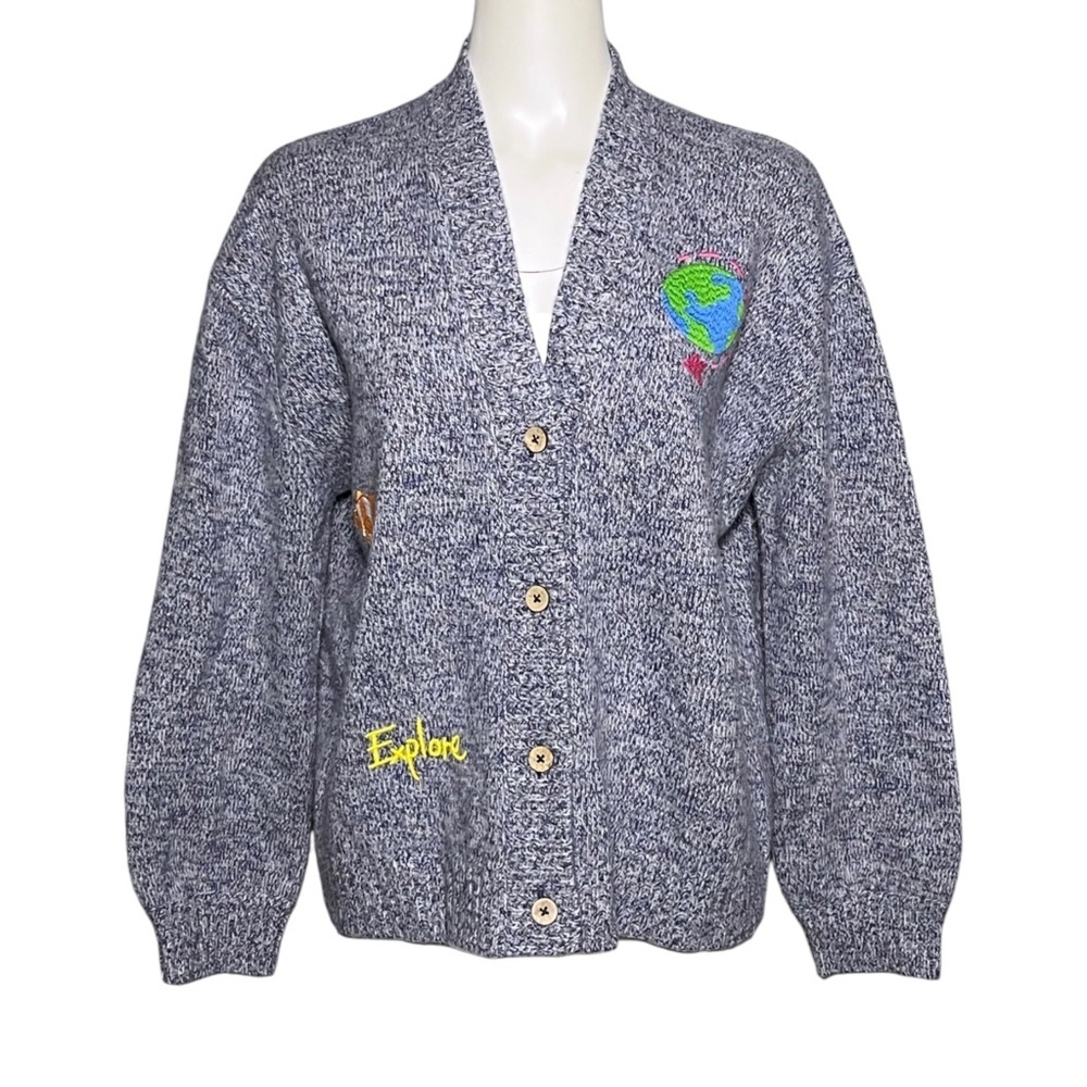 Mira Mikati Blue Merino Wool "EXPLORE" Cardigan Sweater Embroidered Size 38 4-6